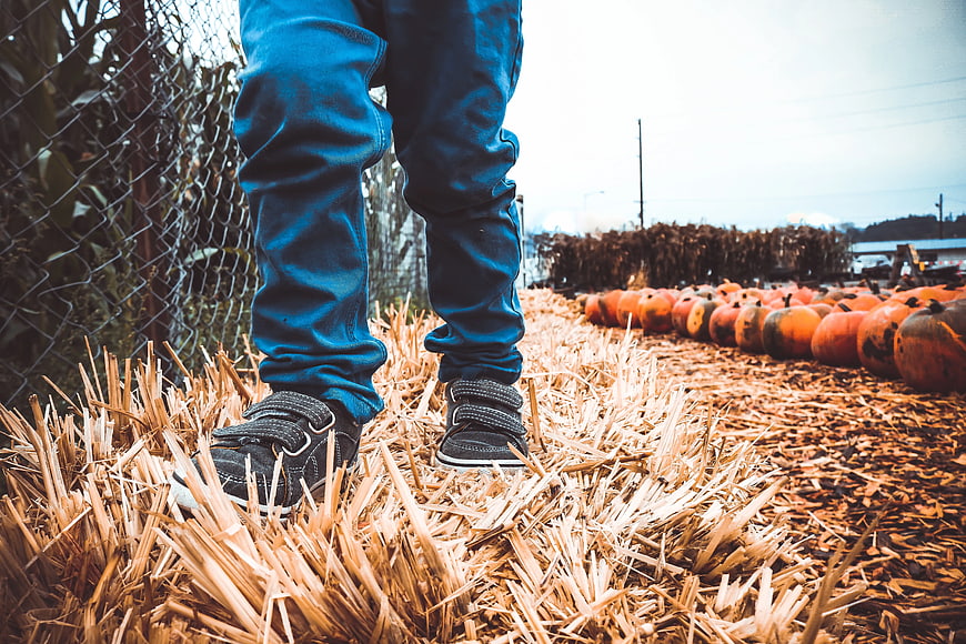 Child Walking on Straw Near Pumpkin Patch
