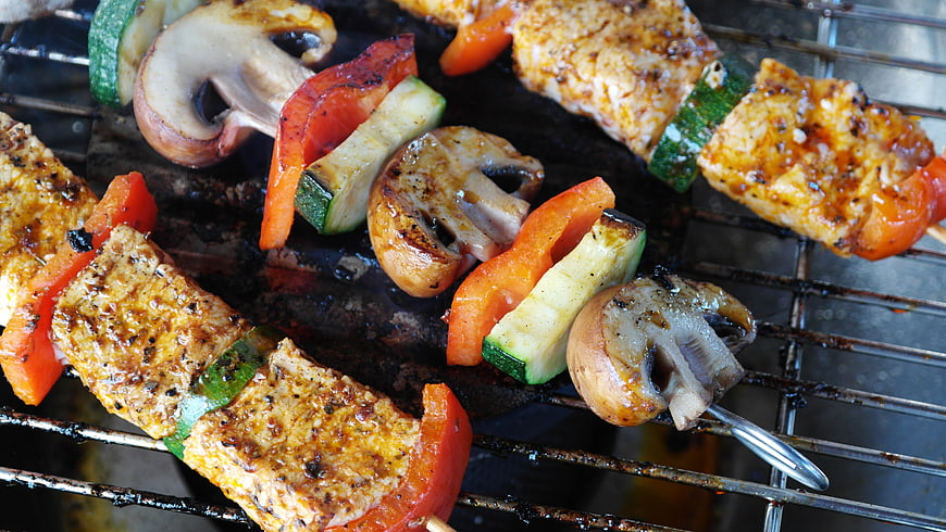Grilled Tofu and Vegetable Skewers on Barbecue Grill