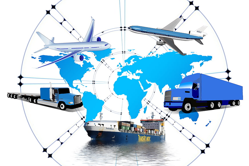 Global Logistics Concept With Air, Sea, And Land Transport Network