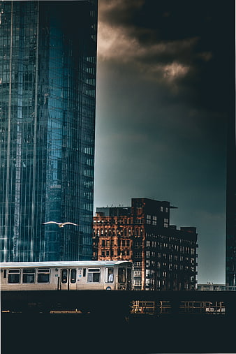 Cinematic Urban Skyline with Subway Train and Skyscraper
