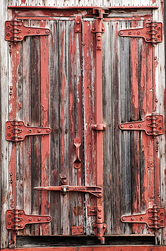 Vintage Red Wooden Train Door With Rusty Metal Hinges