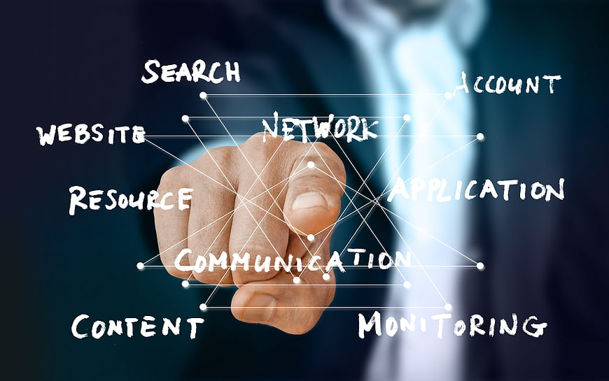 Hand touching digital network diagram with technology keywords