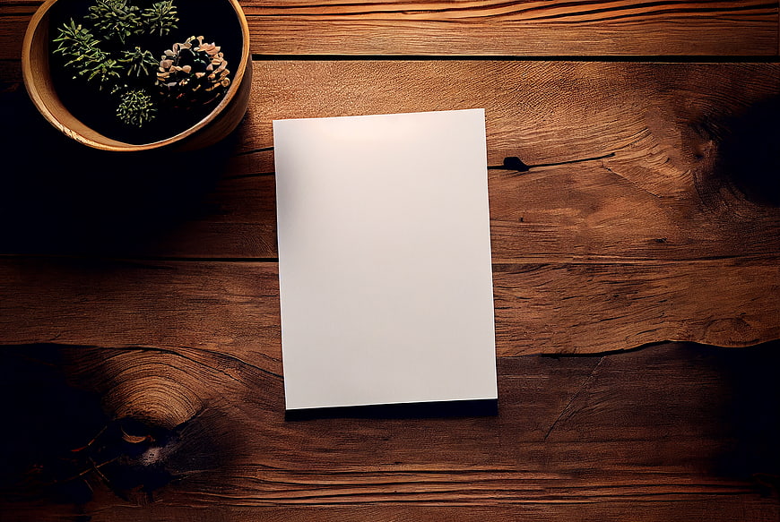 Blank white paper mockup on rustic wooden table with pine cones
