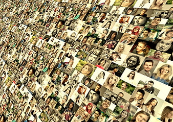 Diagonal collage of diverse human faces representing global community