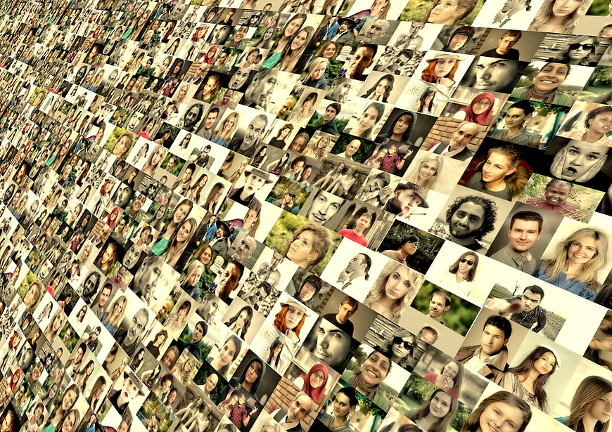 Diagonal collage of diverse human faces representing global community