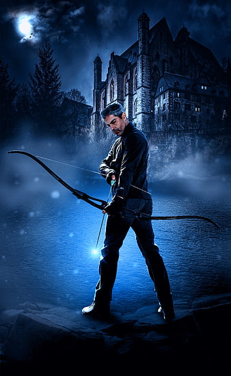 Mysterious Archer with Bow in Front of Moonlit Castle