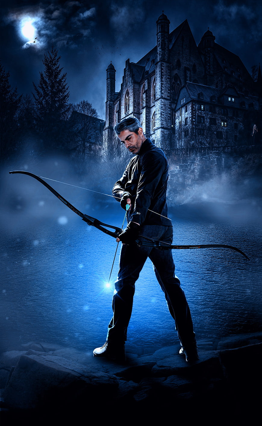 Mysterious Archer with Bow in Front of Moonlit Castle