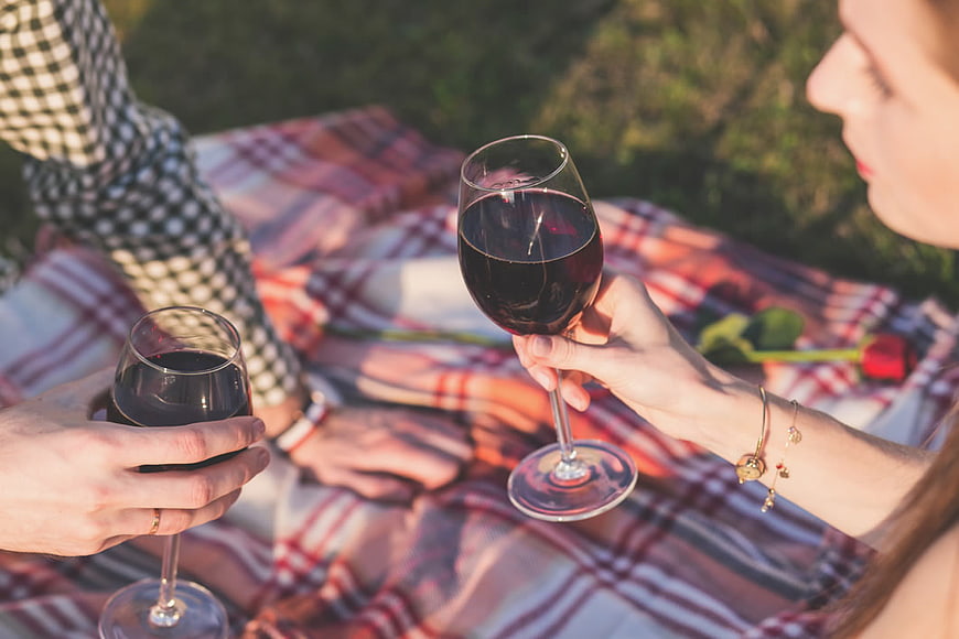 Couple Toasting Red Wine Glasses at Outdoor Picnic