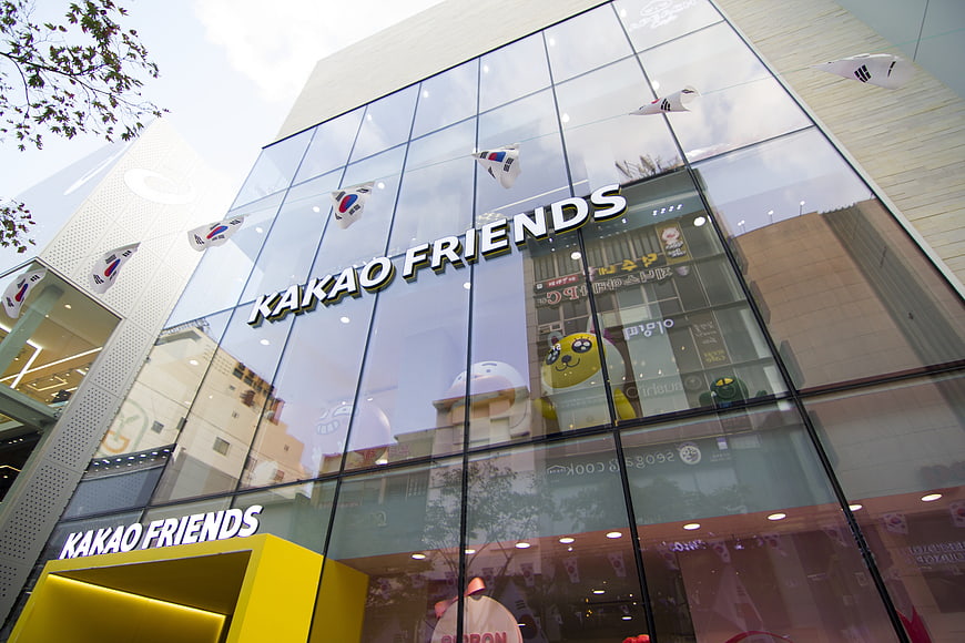 Kakao Friends Store Exterior with Korean Flags