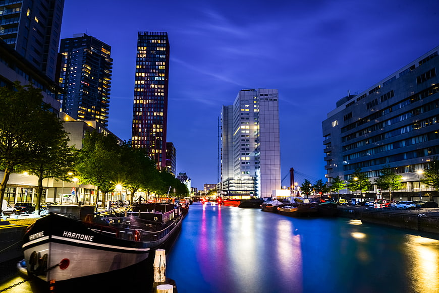 Long Exposure Night View of Rotterdam Harbor Canal