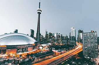 Toronto Skyline with CN Tower and Scotiabank Arena at Dusk