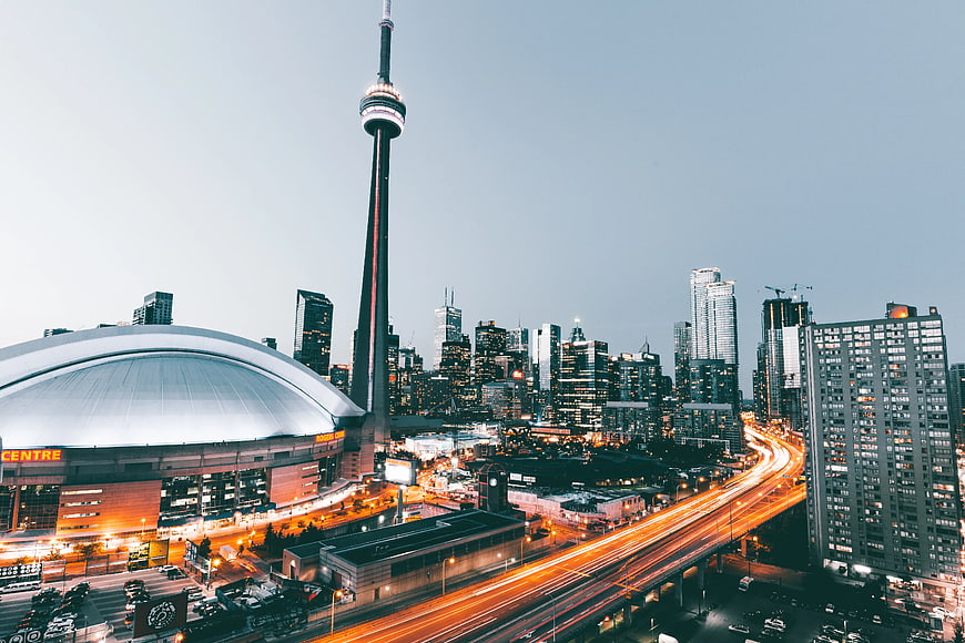 Toronto Skyline with CN Tower and Scotiabank Arena at Dusk