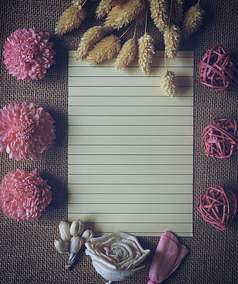 Pink Chrysanthemums and Dried Grasses on Lined Paper