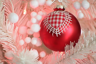 Red Heart Christmas Ornament On White Tree