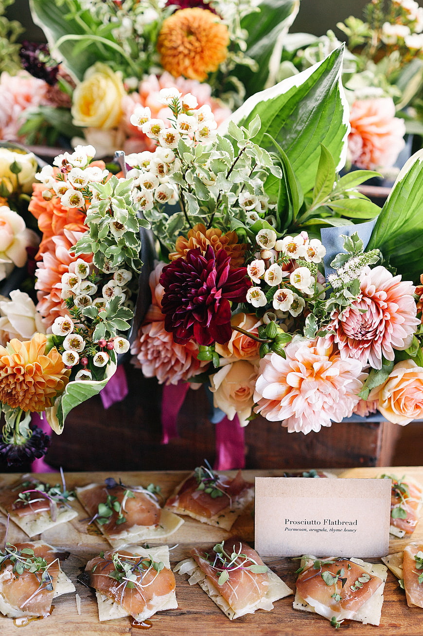 Prosciutto Flatbread Appetizers with Floral Arrangement