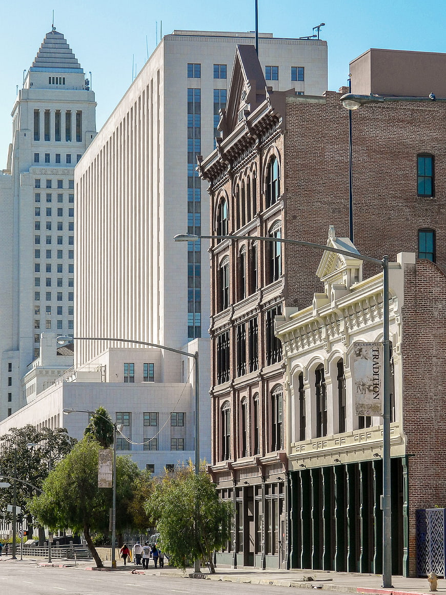 Historic Brick Buildings and Modern Skyscrapers in Downtown City
