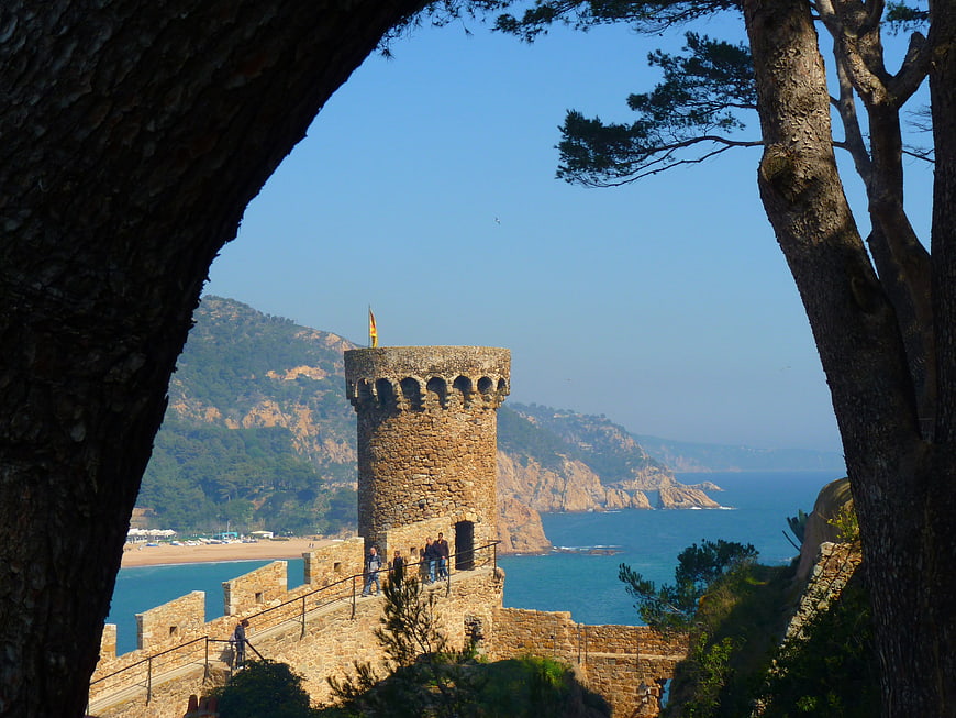 Historic Stone Watchtower Framed By Pine Trees Overlooking Mediterranean Sea