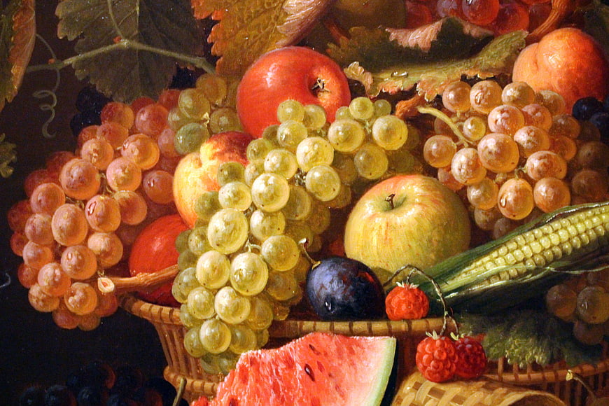 Classic oil painting of fruit basket with grapes, apples, and corn