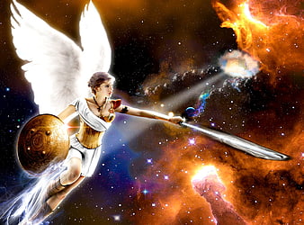 Fantasy Angel Warrior With Wings And Sword In Cosmic Nebula