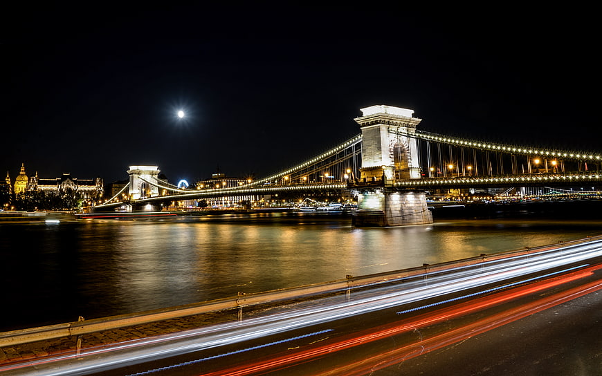 Chain Bridge Budapest Night with Light Trails