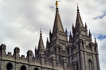 Salt Lake Temple spires with golden angel statue