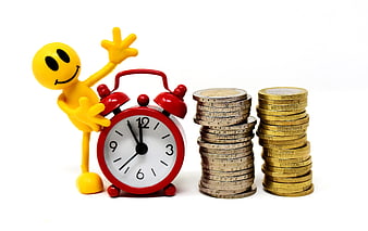Yellow figure with red alarm clock and stacks of euro coins
