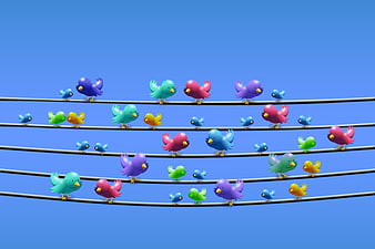 Colorful 3D Birds on Power Lines Against Blue Sky