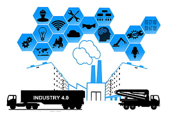 Industry 4.0 Concept with Factory, Trucks, and Technology Icons
