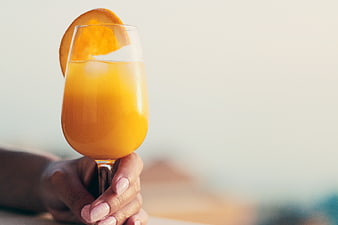 Hand holding orange cocktail with slice garnish