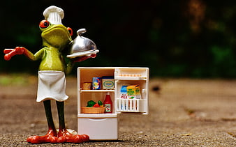 Cute Frog Chef Figurine Holding Silver Platter Next to Miniature Refrigerator