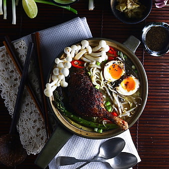 Top View of Barbecued Roasted Duck Ramen with Mushrooms and Eggs
