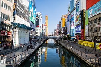 Osaka Dotonbori Canal View With Vibrant Japanese Billboards And Reflections