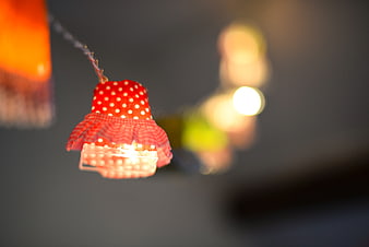 Close-up of red polka dot fabric Christmas light decoration