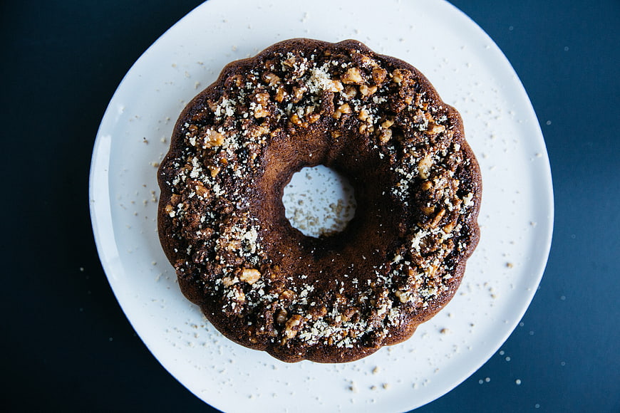 Top View of Chocolate Bundt Cake with Walnut Topping