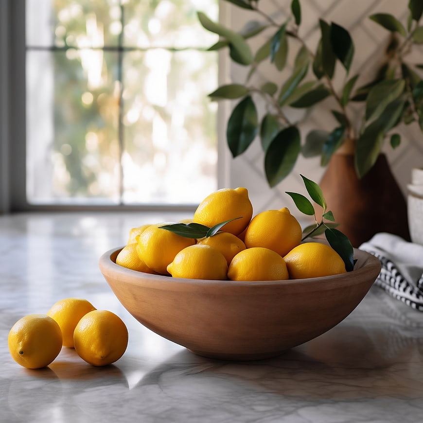 Fresh yellow lemons in a wooden bowl on marble kitchen counter