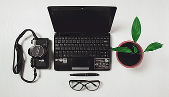 Flat lay of laptop, camera, glasses, and plant on white desk