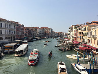 Busy Grand Canal Venice Italy with Vaporettos and Gondolas