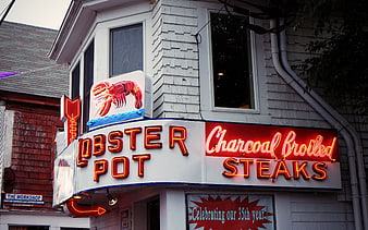 Lobster Pot Restaurant Neon Sign with Charcoal Broiled Steaks