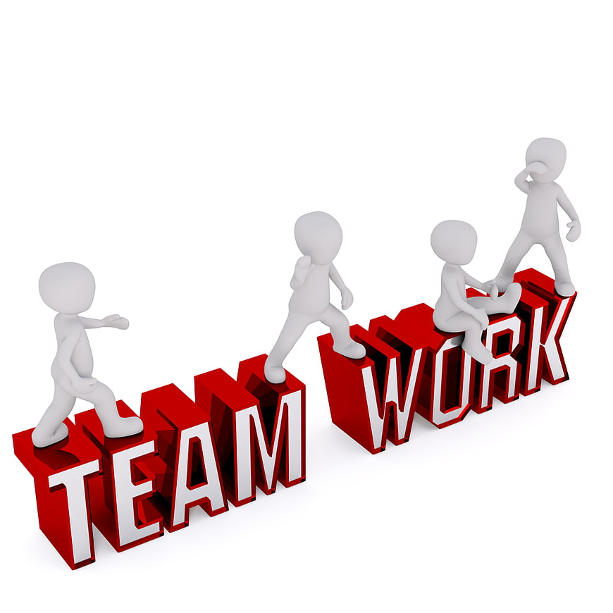 3D white figures climbing red teamwork letters