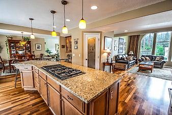 Spacious open concept kitchen and living room interior