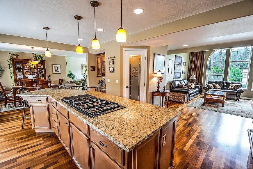 Spacious open concept kitchen and living room interior