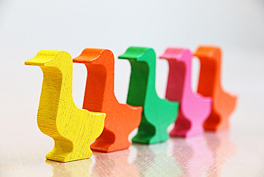 Colorful Wooden Duck Figurines in a Row on White Background