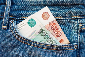 Russian Ruble Banknotes in Denim Pocket