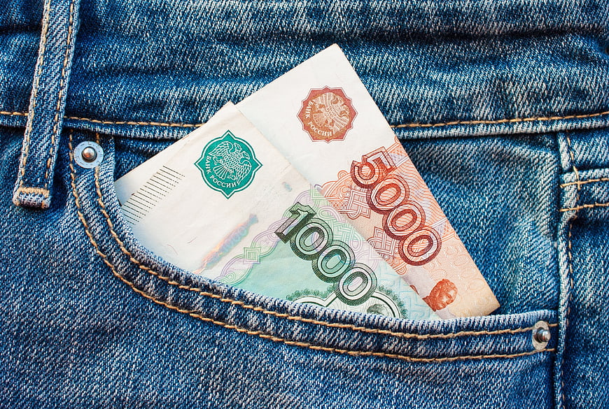 Russian Ruble Banknotes in Denim Pocket