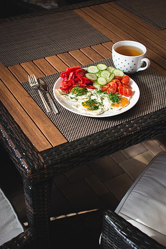 Healthy Paleo Breakfast with Eggs and Vegetables Outside