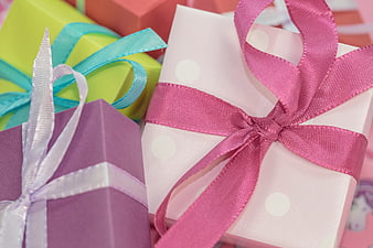 Colorful Gift Boxes with Ribbons Close Up