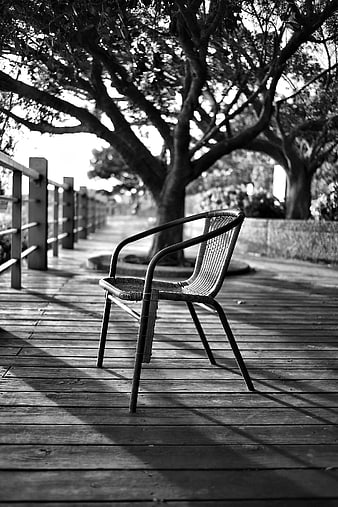 Solitary Wicker Chair on Wooden Deck in Black and White