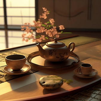 Serene Japanese Tea Ceremony with Cherry Blossoms