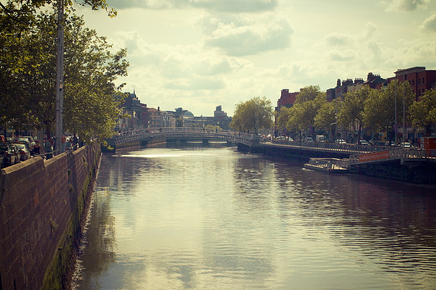 River Liffey Dublin Ireland with Ha'penny Bridge and Cityscape