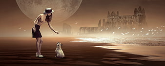 Surreal Fantasy Woman and Pug on Beach with Giant Moon and Castle Ruins
